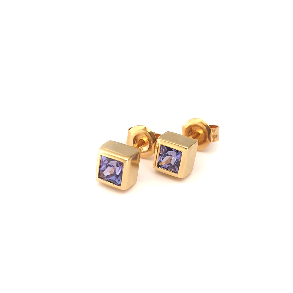 Classic Square Cut Tanzanite Yellow Gold Bezel Set Studs