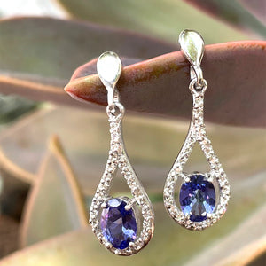 Unique Diamond Halo Oval Cut Tanzanite and Diamond White Gold Drop Earrings