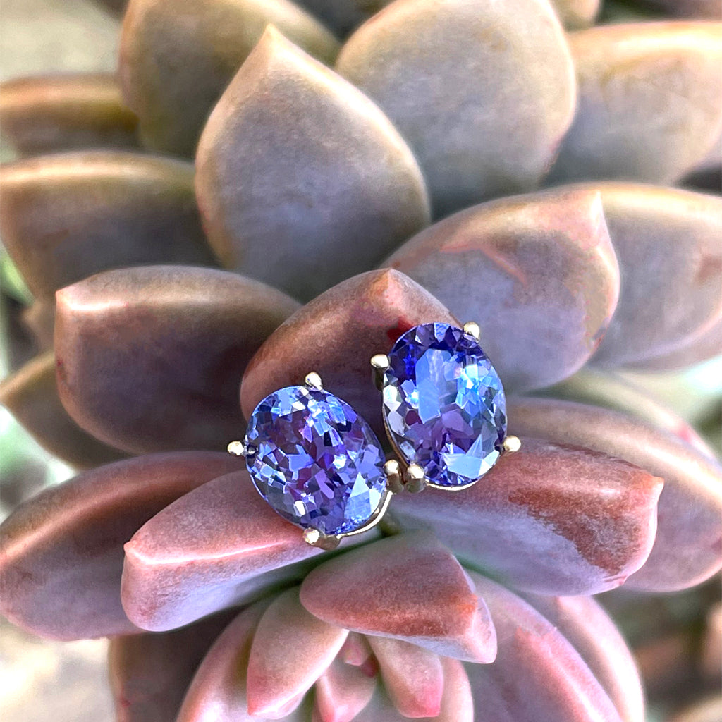 Classic Oval Cut Tanzanite Yellow Gold Four Claw Studs