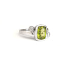 Cushion Cut Peridot Ring with Tube Set Diamond Accents