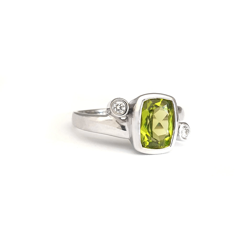 Cushion Cut Peridot Ring with Tube Set Diamond Accents