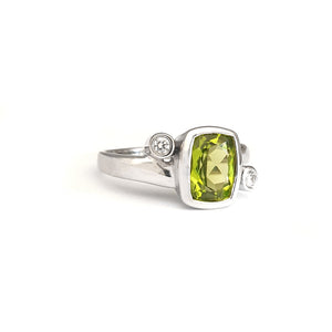 Cushion Cut Peridot Ring with Tube Set Diamond Accents