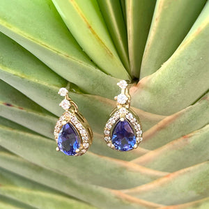 Scintillating Pear Cut Tanzanite and White Diamond Halo and Highlight Drop Earrings