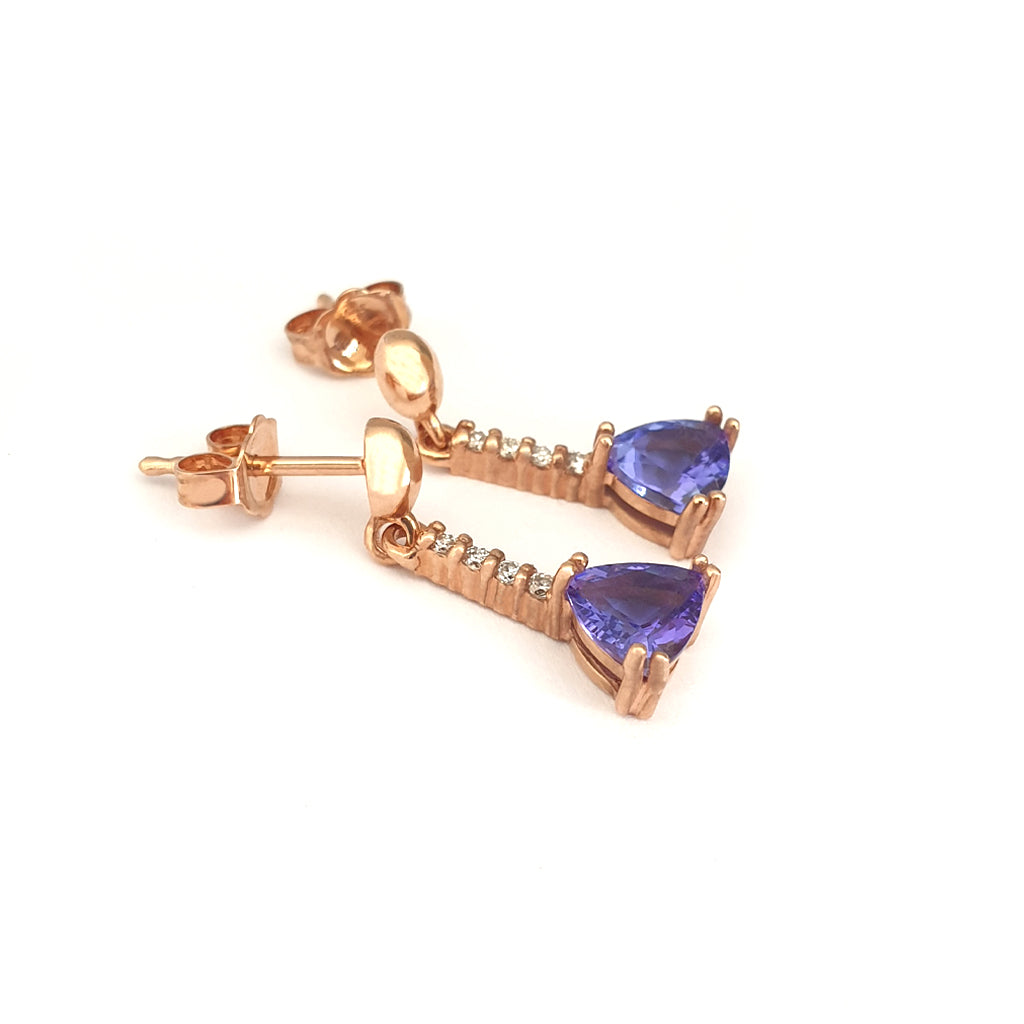 Classic Trilliant Cut Tanzanite and Diamond Drop Rose Gold Earrings