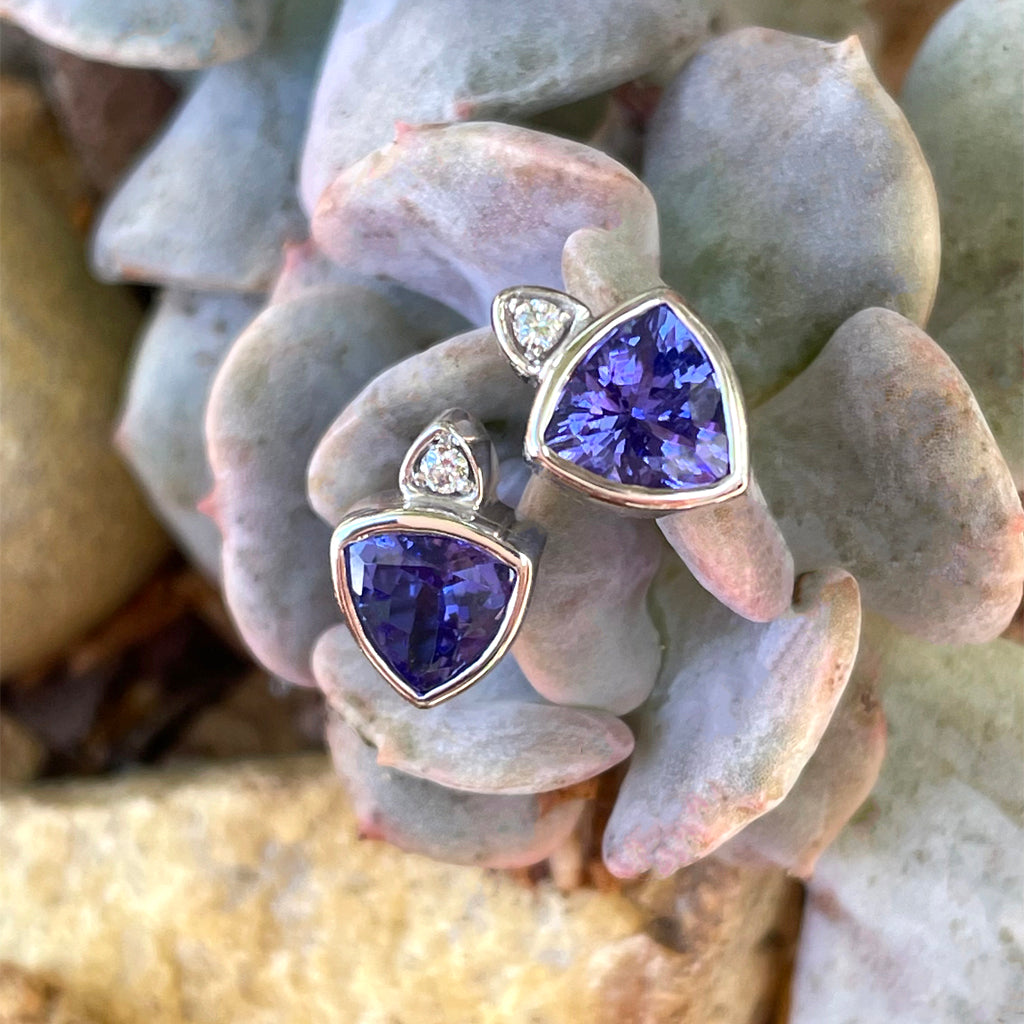 Elegant Trilliant Bezel Set Tanzanite and White Diamond Studs