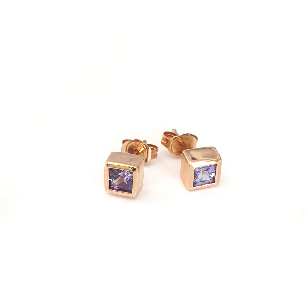 Classic Square Cut Tanzanite Rose Gold Bezel Set Studs