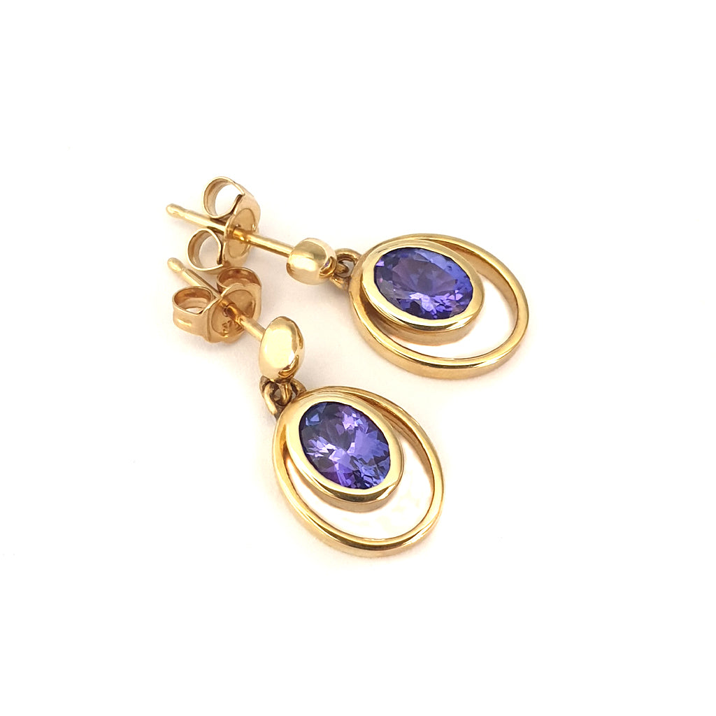 Double Hoop Oval Cut Bezel Set Tanzanite Drop Earrings