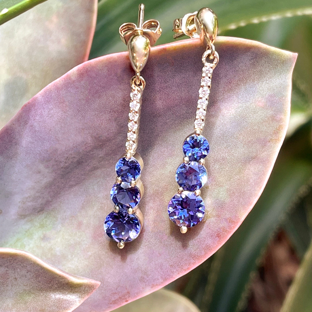 Tanzanite and Six Diamond Drop Yellow Gold Earrings