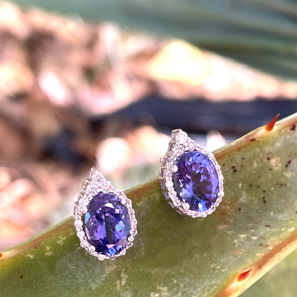 Enchanting Oval Tanzanite Trilogy Detail Diamond Halo Earrings