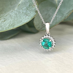 Classic Round Cut Emerald With Diamond Halo Pendant