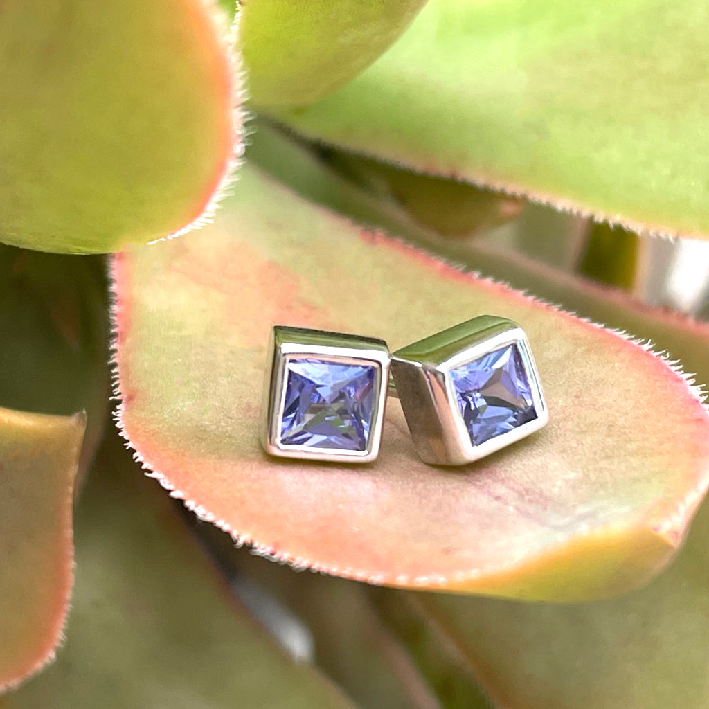 Classic Square Cut Tanzanite White Gold Bezel Set Studs