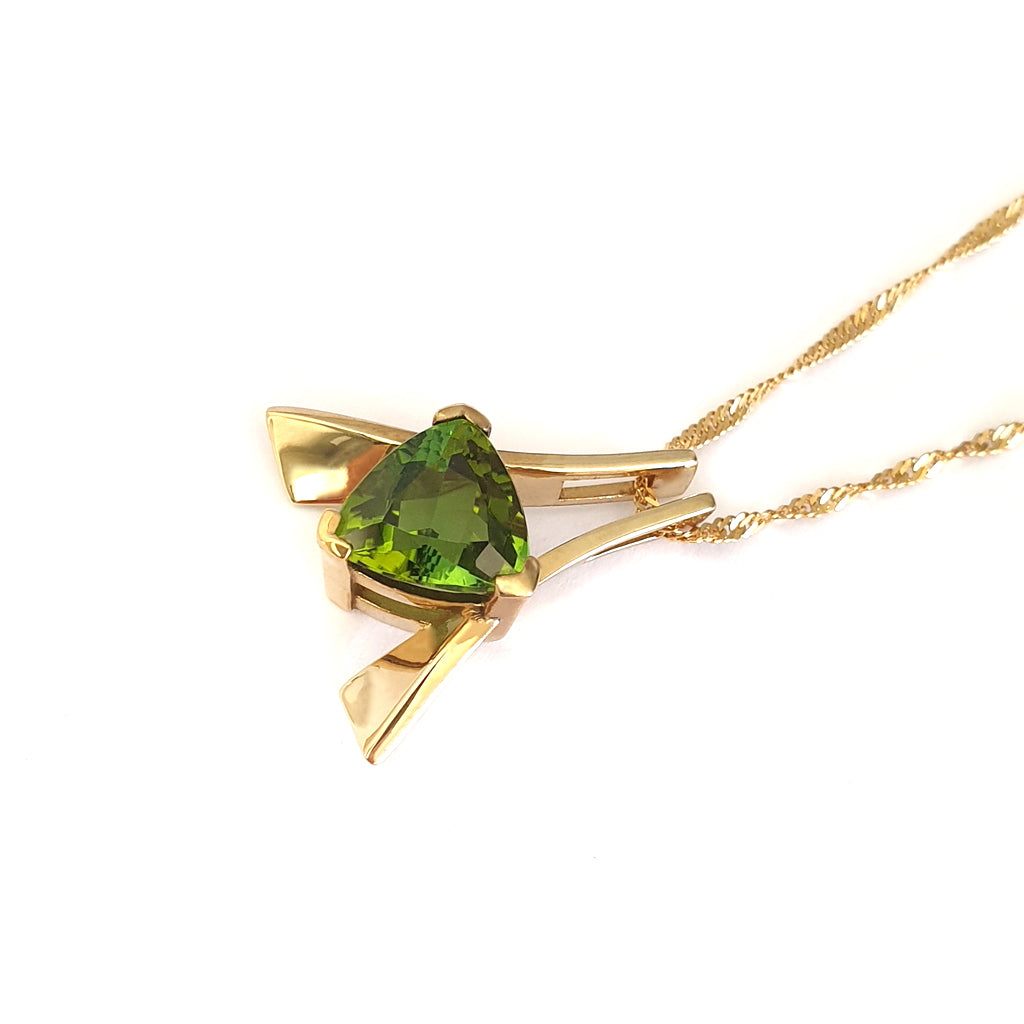 Trilliant Cut Green Tourmaline and Gold Pendant
