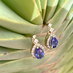 Scintillating Pear Cut Tanzanite and White Diamond Halo and Highlight Drop Earrings