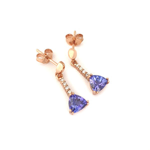 Classic Trilliant Cut Tanzanite and Diamond Drop Rose Gold Earrings