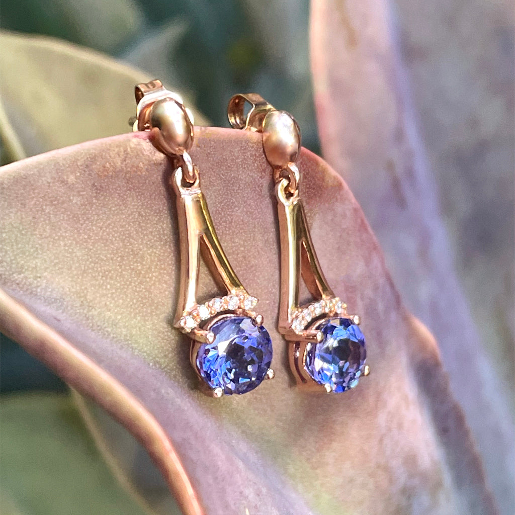 Round Cut Tanzanite and Rose Gold Drop Earrings with Diamond Crown Accent