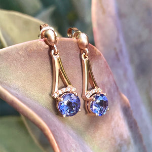 Round Cut Tanzanite and Rose Gold Drop Earrings with Diamond Crown Accent