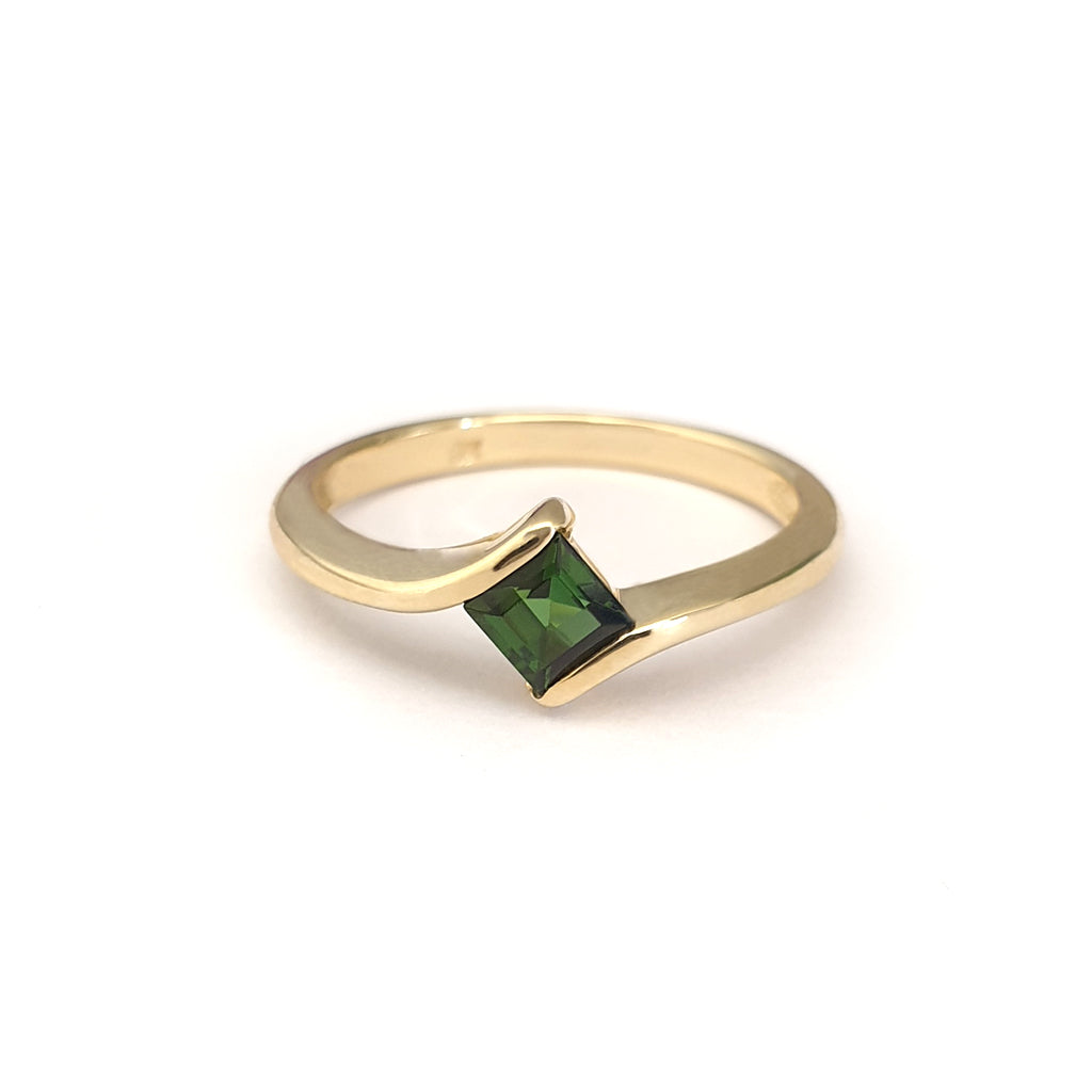 Petite Green Square Cut Tourmaline Yellow Gold Ring