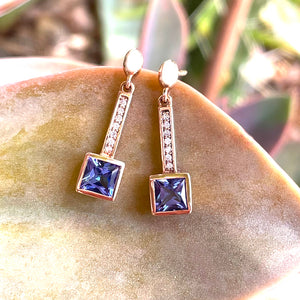 Art Deco Inspired Square Tanzanite and Diamond Rose Gold Drop Earrings