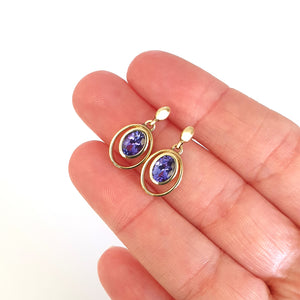 Double Hoop Oval Cut Bezel Set Tanzanite Drop Earrings