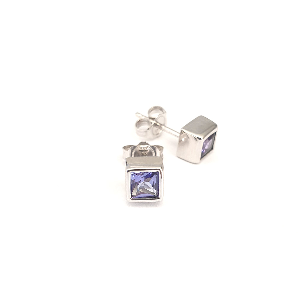 Classic Square Cut Tanzanite White Gold Bezel Set Studs