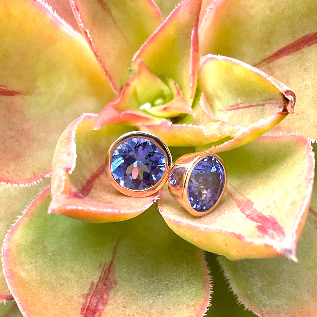 Classic Round Cut Tanzanite Rose Gold Bezel Set Studs