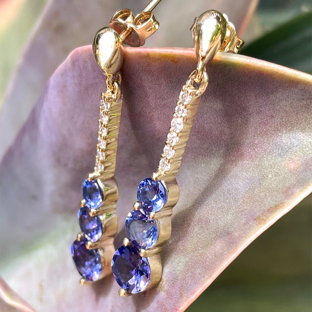 Tanzanite and Six Diamond Drop Yellow Gold Earrings