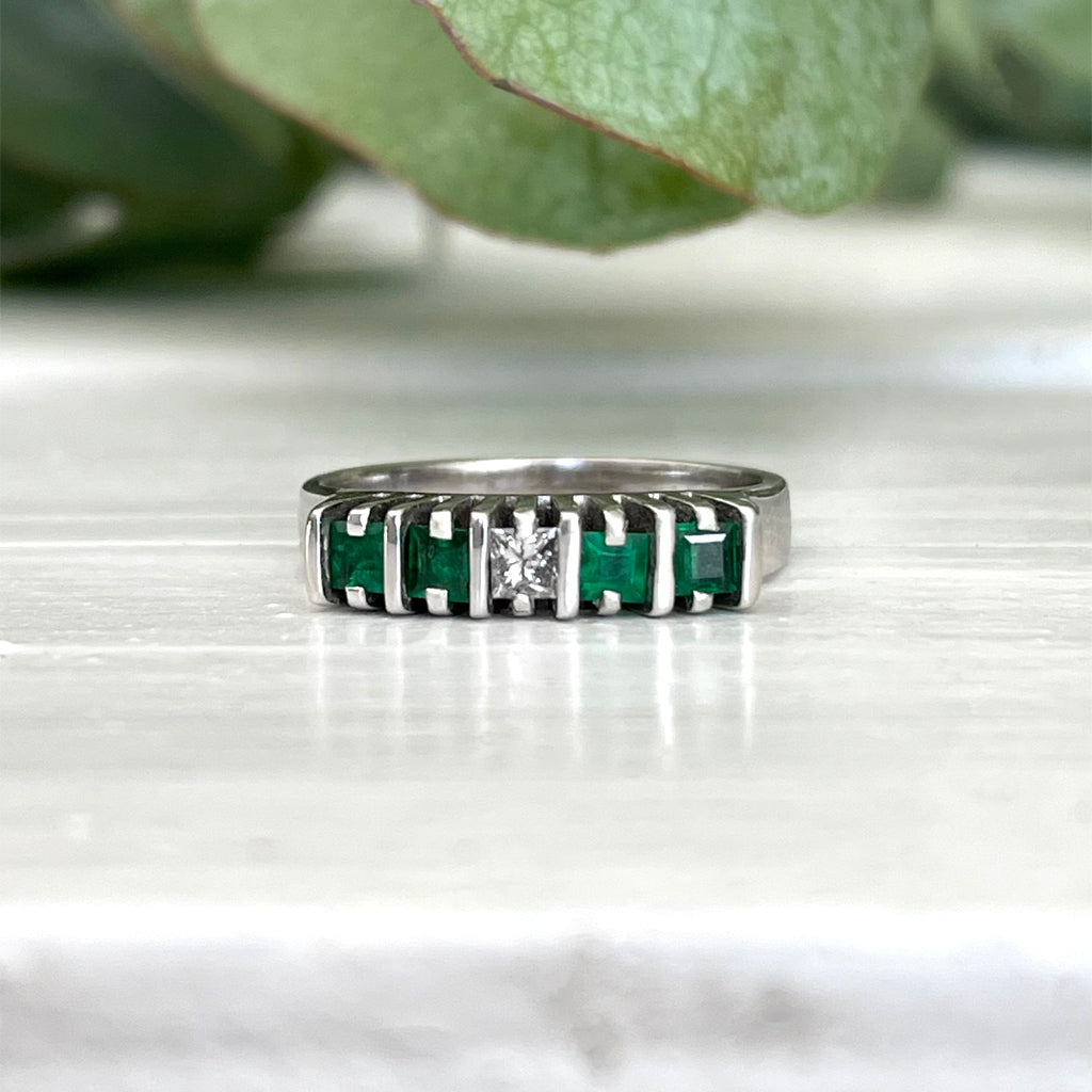 Geometric White Gold Bar Four Emerald, White Diamond Ring