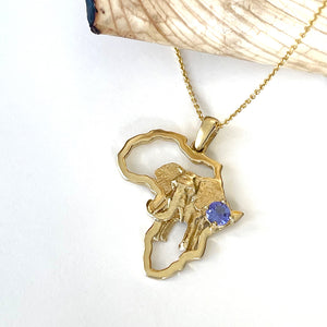 Striking Elephant Africa Map and Tanzanite Yellow Gold Pendant