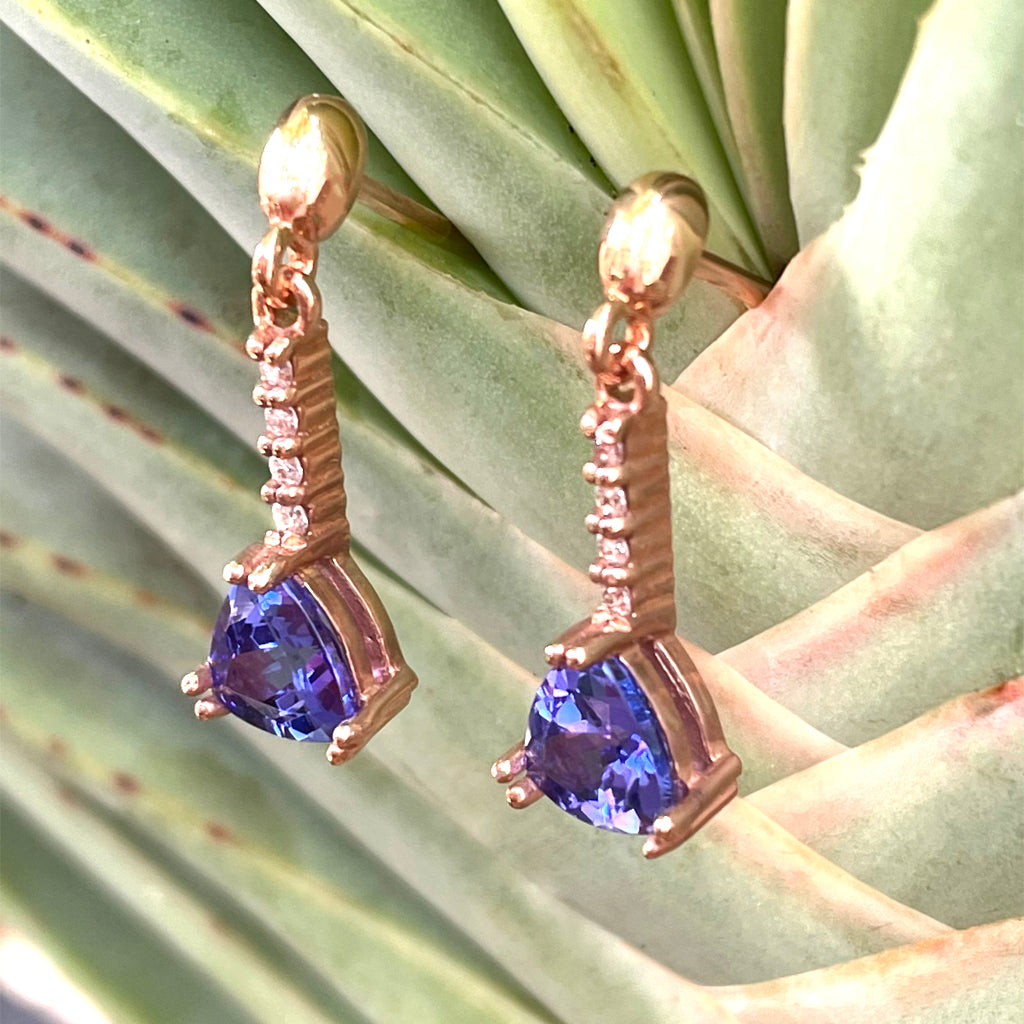 Classic Trilliant Cut Tanzanite and Diamond Drop Rose Gold Earrings