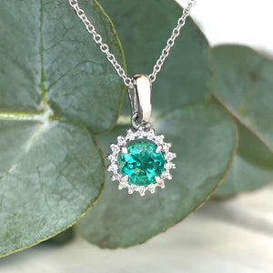 Classic Round Cut Emerald With Diamond Halo Pendant