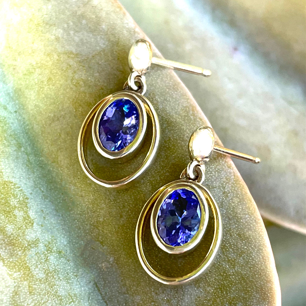 Double Hoop Oval Cut Bezel Set Tanzanite Drop Earrings