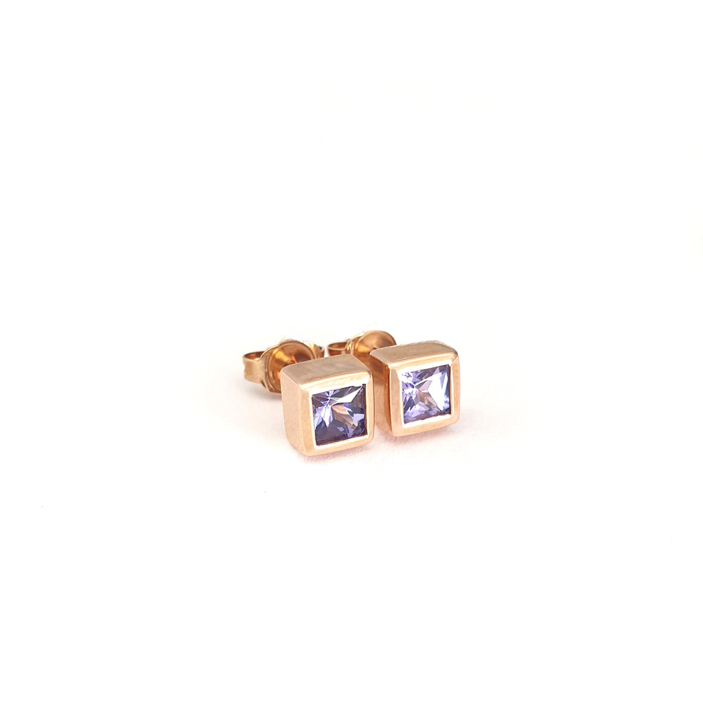 Classic Square Cut Tanzanite Rose Gold Bezel Set Studs