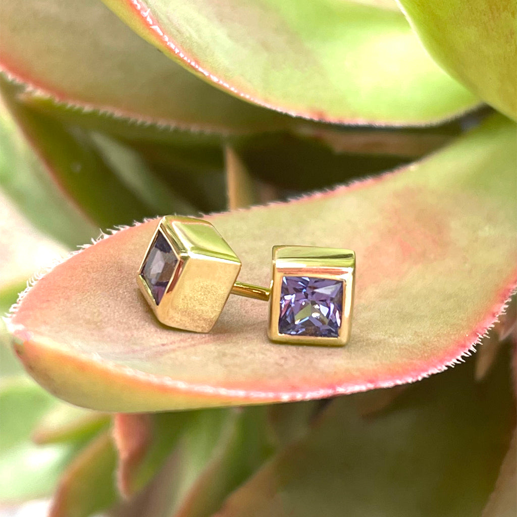 Classic Square Cut Tanzanite Yellow Gold Bezel Set Studs