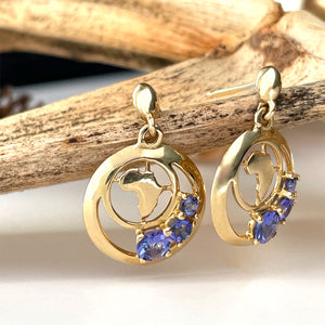 Yellow Gold Circle and Half Moon Tanzanite Africa Map Earrings