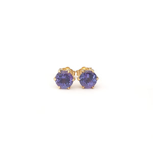 Elegant Floral Six Claw Round Cut Tanzanite Yellow Gold Studs