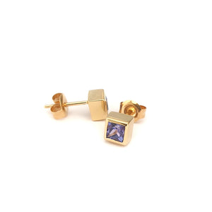 Classic Square Cut Tanzanite Yellow Gold Bezel Set Studs