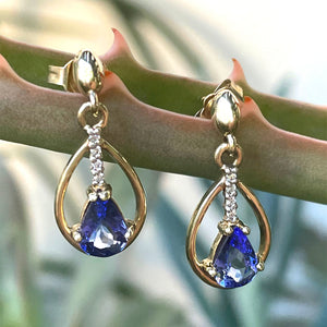 Yellow Gold Pear Cut Tanzanite Earrings with Diamond Strip Highlight