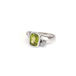 Cushion Cut Peridot Ring with Tube Set Diamond Accents