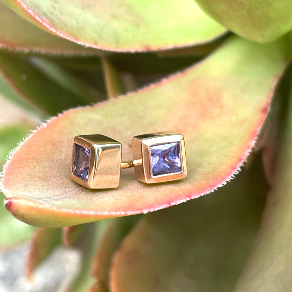 Classic Square Cut Tanzanite Rose Gold Bezel Set Studs