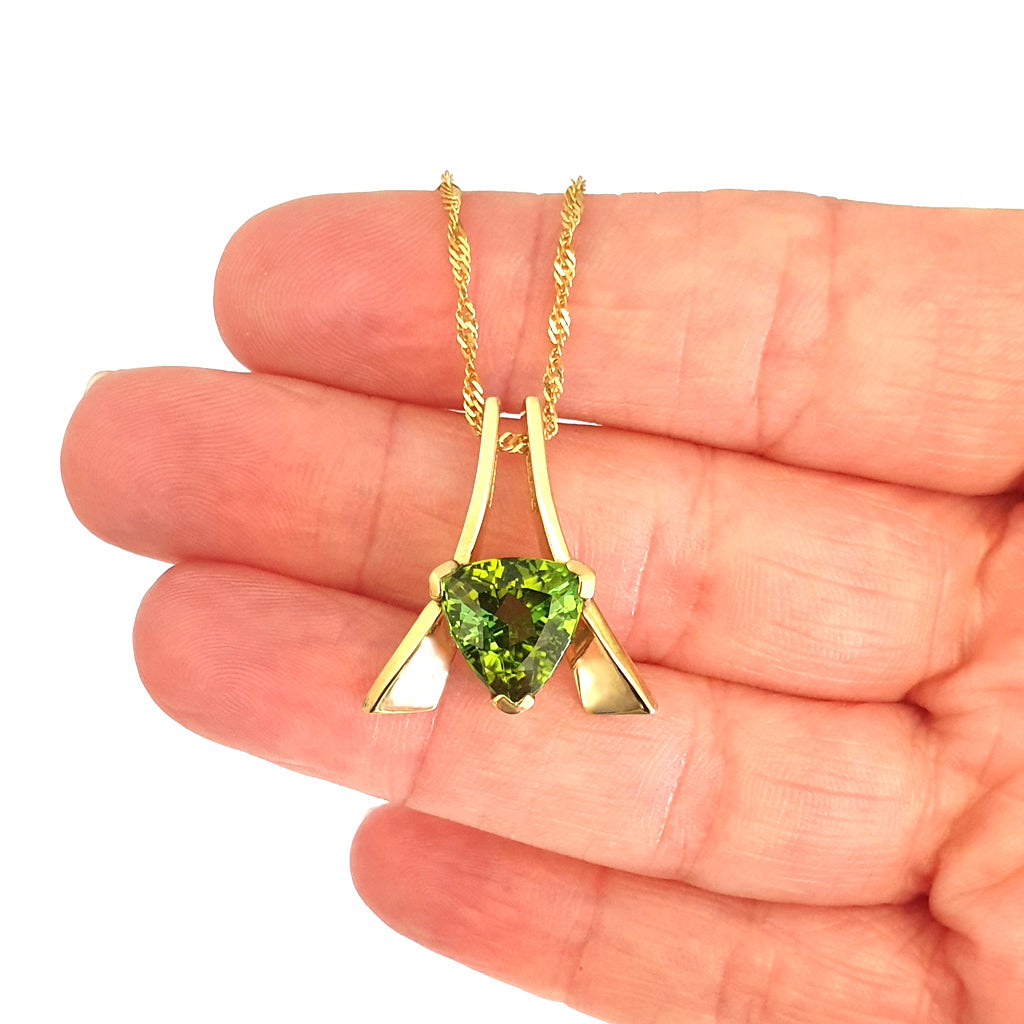 Trilliant Cut Green Tourmaline and Gold Pendant
