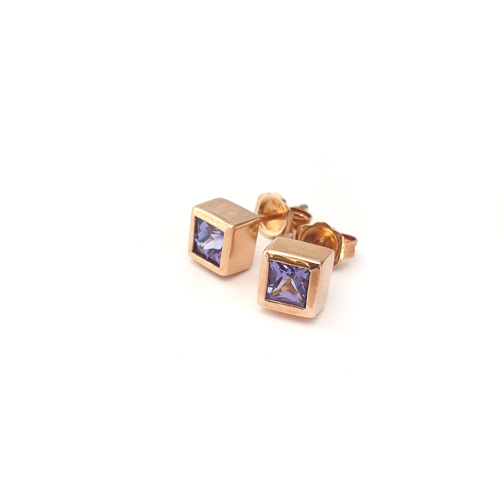 Classic Square Cut Tanzanite Rose Gold Bezel Set Studs