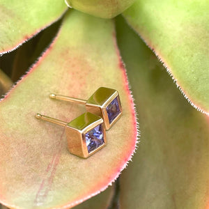 Classic Square Cut Tanzanite Rose Gold Bezel Set Studs