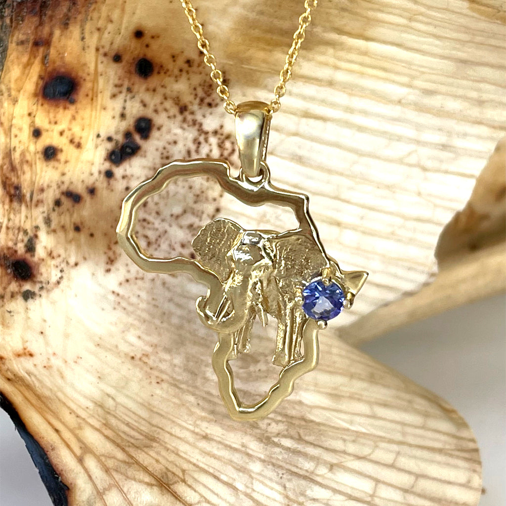 Striking Elephant Africa Map and Tanzanite Yellow Gold Pendant