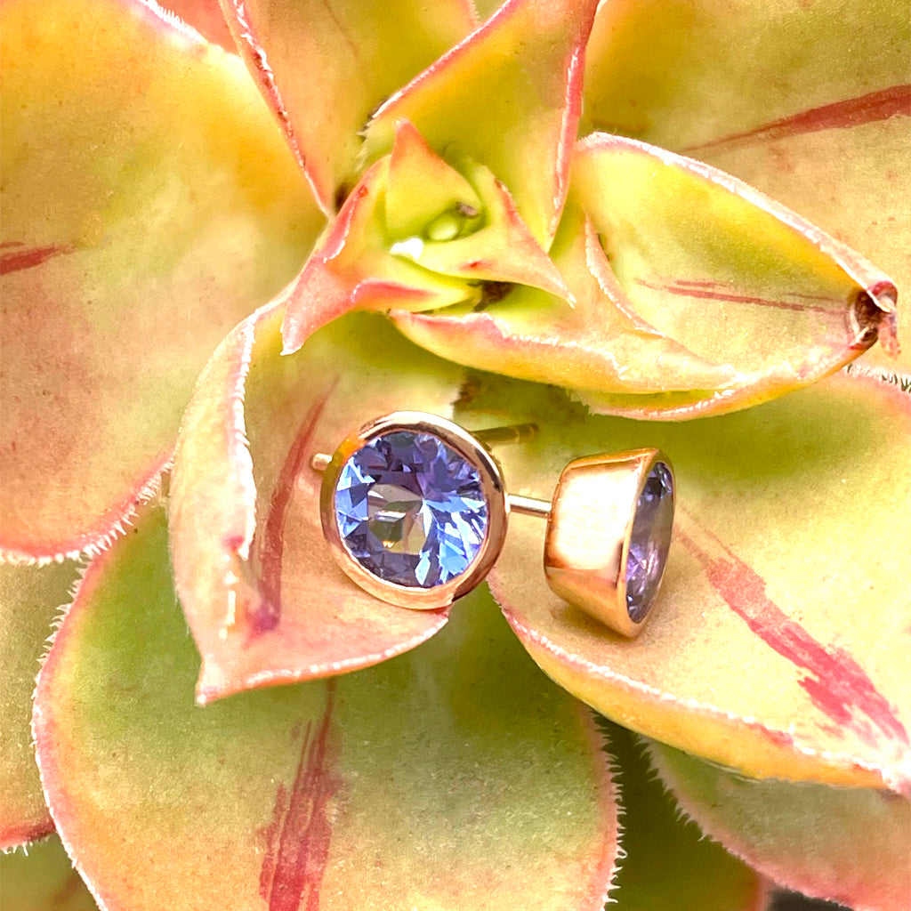 Classic Round Cut Tanzanite Rose Gold Bezel Set Studs