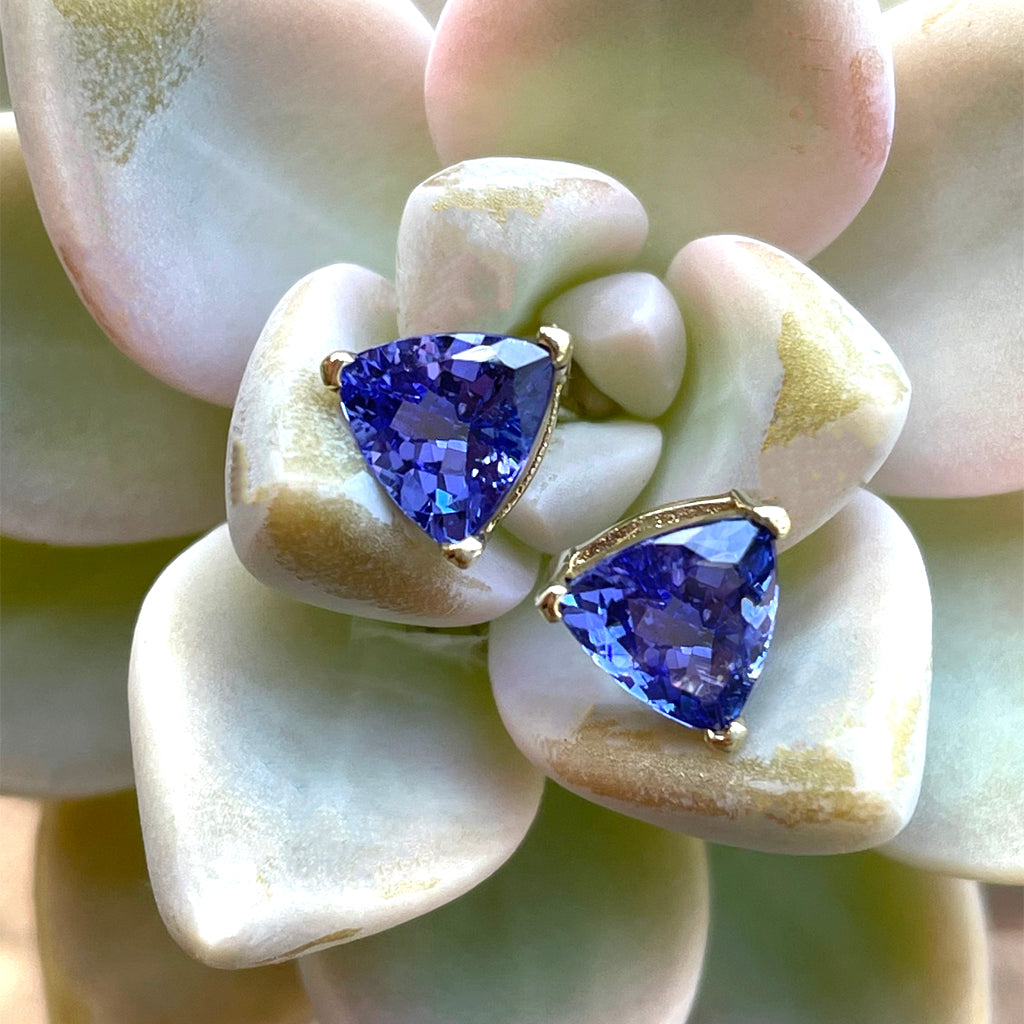 Classic Trilliant Cut Tanzanite Yellow Gold Claw Studs