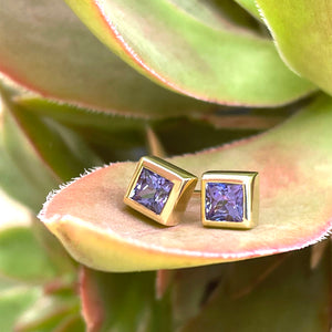 Classic Square Cut Tanzanite Yellow Gold Bezel Set Studs