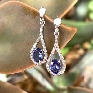 Unique Diamond Halo Oval Cut Tanzanite and Diamond White Gold Drop Earrings