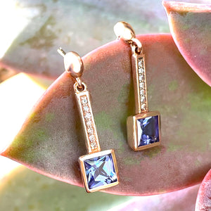 Art Deco Inspired Square Tanzanite and Diamond Rose Gold Drop Earrings