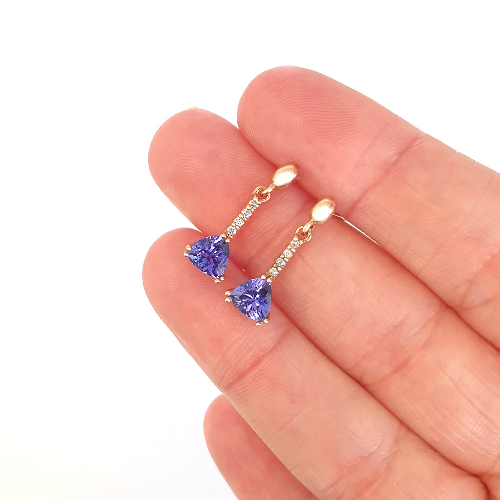 Classic Trilliant Cut Tanzanite and Diamond Drop Rose Gold Earrings