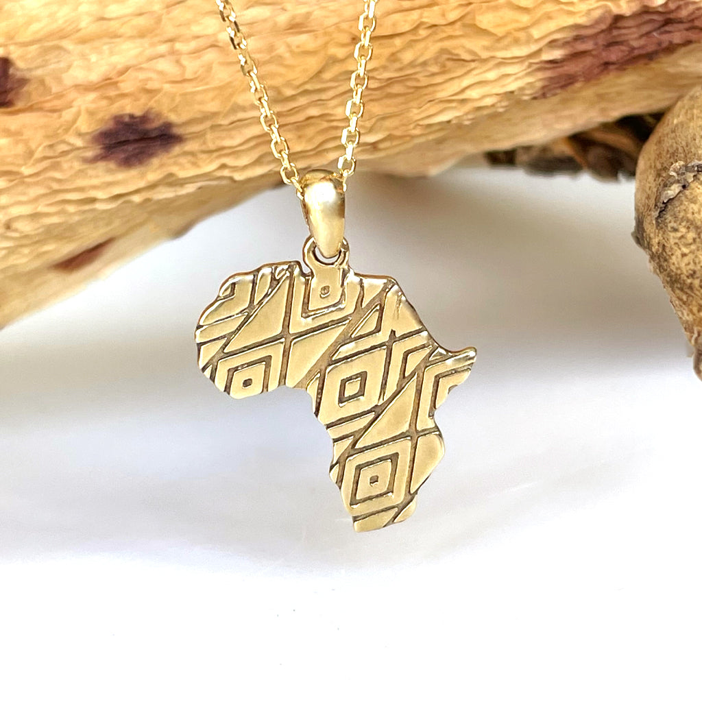 Gold Necklace Africa Pendant Chain Yellow Gold Patterned Africa